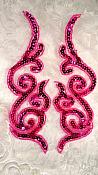 Fuchsia Sequin Appliques Beaded Designer Scrolls Mirror Pair Clothing Patch 7" JB233X