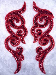 Red Sequin Appliques Designer Scrolls Mirror Pair Clothing Patch 7" JB233X
