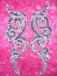 Silver Sequin Appliques Designer Scrolls Mirror Pair Clothing Patch 7" JB233X