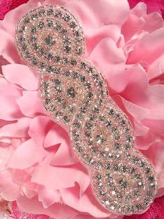 JB24 Small Braided Silver Beaded Crystal Rhinestone Applique 5"