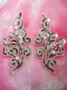 JB242 Sequin Appliques Silver Scroll Mirror Pair Designer 7"