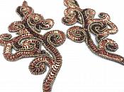 Beaded Sequin Appliques Bronze Scroll Designer Mirror Pair Iron On Patch 7" JB242X