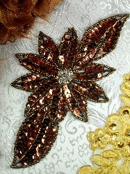 JB25 Bronze Floral Rhinestone Beaded Sequin Applique 6.5"