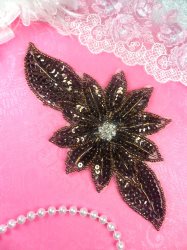 JB25 Chocolate Brown Floral Rhinestone Beaded Sequin Applique 6.5"