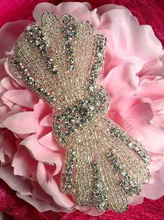 JB26 Bow Tie Silver Beaded Crystal Rhinestone Applique 5"