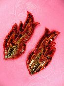 JB262 Sequin Appliques Red Orange Gold Beaded Mirror Pair Flames 4"