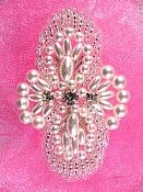 Hot Fix Silver Pearl  Beaded Rhinestone Applique 3"  JB271