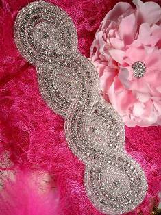 JB29 Large Braided Silver Beaded Crystal Rhinestone Applique 9.5"