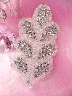 JB3 Crystal Clear Rhinestone Silver Beaded Applique 4.25"
