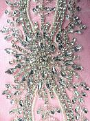 JB34 Crystal Clear Silver Beaded Rhinestone Applique Pearl White Backing 11"
