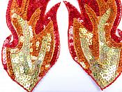 Flame Appliques Holographic Sequins w/ Beaded Edges Red Orange Gold Mirror Pair 10" JB38X