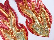 Flame Appliques Holographic Sequins w/ Beaded Edges Red Orange Gold Mirror Pair 10" JB38X