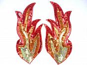 Flame Appliques Holographic Sequins w/ Beaded Edges Red Orange Gold Mirror Pair 10" JB38X