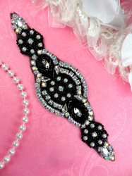 JB41 Rhinestone Pearl Applique Aurora Borealis Crystal Lillian Black Beaded Patch 6.25"