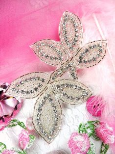 JB5 Crystal Clear Rhinestone Silver Beaded Applique 5.25"