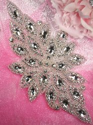JB53 Hot Fix Silver Beaded Crystal Rhinestone Applique 10"