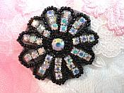 Crystal AB Rhinestone Applique Black Beaded Floral Crystal 2" (JB57)