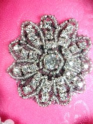 JB57  Rhinestone Applique Black Backing Floral Silver Beaded Crystal  2"