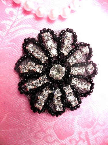 JB57  Rhinestone Applique Black Beaded  Floral Crystal 2"