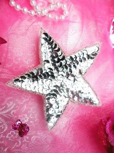 JB73 2.5 inch Silver Star Beaded Sequin Applique Iron on Patch