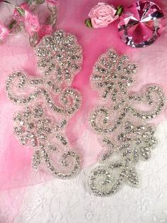 JB8 Crystal Clear Silver Beaded Mirror Pair Rhinestone Appliques 5.5"