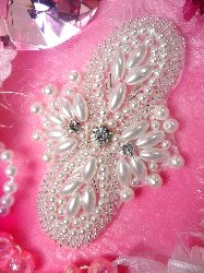 JB85 New Arrival Larger Size !! Silver Pearl Beaded Rhinestone Applique 4"