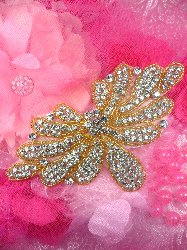 JB89 Gold Beaded Crystal Rhinestone Applique 6.5"