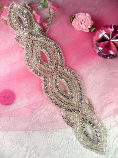 JB9 Crystal Clear Silver Beaded Rhinestone Applique 8.75"