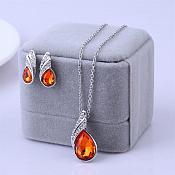 Necklace Earring Set Silver Crystal Rhinestone Fiery Orange Tear Drop Jewelry Gift Set  (JW11-or)