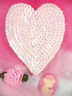 K8395 Pink Opaque AB Heart Sequin Applique 3.5"