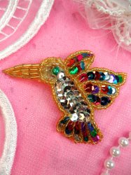 K9307S Hummingbird Applique Multi Colored Sequin Gold Beaded Small Bird 3"