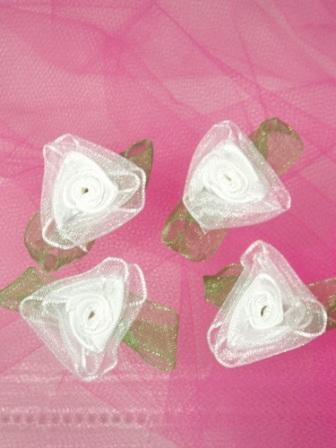 L53  Set of ( 4 ) White & Green Ribbon Roses 1.5"