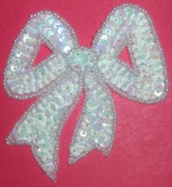 LC361  White Ab Bow Sequin Beaded Applique  3.25"