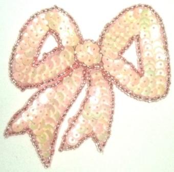LC361  Pink Peach Bow Sequin Beaded Applique  3.25"