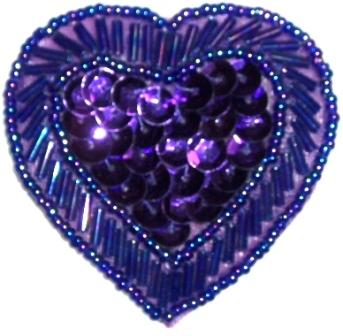 LC353  Purple Heart Sequin Beaded Applique  2.25"