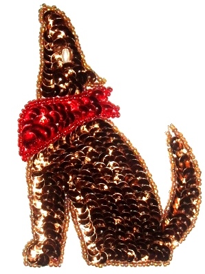LC71  Coyote Brown with Red Collar  Sequin Beaded Applique 4"