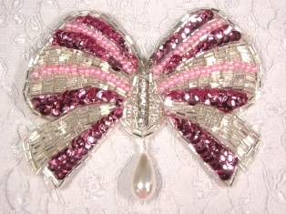MA337 Mauve & Silver Bow Sequin Beaded Dangle Hair Bow / Brooch / Applique 4.5"