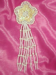 MA42 White & Ivory Sequin Beaded Dangle Applique 4.25"