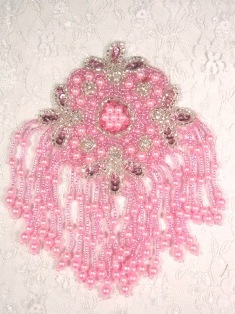 MA65 Pink Silver Rhinestone Beaded Sequin Dangle Epaulet Hair Bow / Brooch / Applique 6"