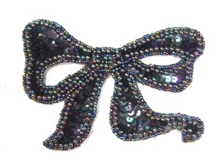 MA80 REDUCED Black AB Bow Sequin Beaded Applique 4"