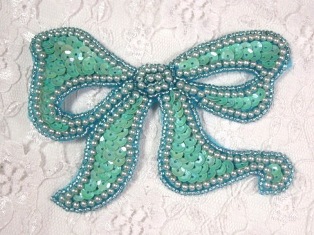 REDUCED MA80 Teal Opaque Bow Sequin Beaded Applique 4"