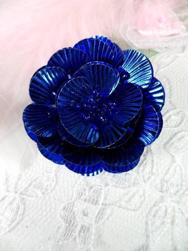 MA84  Blue Flower Beaded Sequin Applique 1.5"