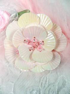 MA84  Pink Flower Beaded Sequin Applique 1.5"