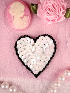 MS45  White AB Black Heart Beaded Sequin Applique 1.5"