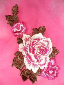 MS79 Fuchsia Brown Flower Embroidered Applique Patch 6"