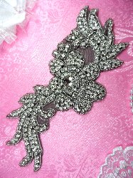 N1 Black Backing Silver Beaded Crystal Rhinestone Applique Flower 8.5"