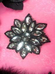N19 Black Beaded Crystal Clear Glass Rhinestone Jewel Snowflake Applique 3"