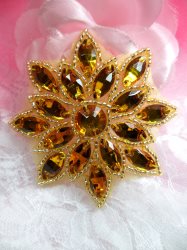 N19 Gold Glass Rhinestone Applique Snowflake Floral Beaded Patch 2.75"