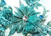 Embroidered 3D Applique Rhinestone Center Teal Floral Sequin Patch 14" (DH70-tl)