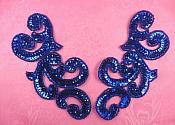 Sequin Appliques Blue MIRROR PAIR Scroll Designer Beaded Iron On 7" (XR357X-bl)